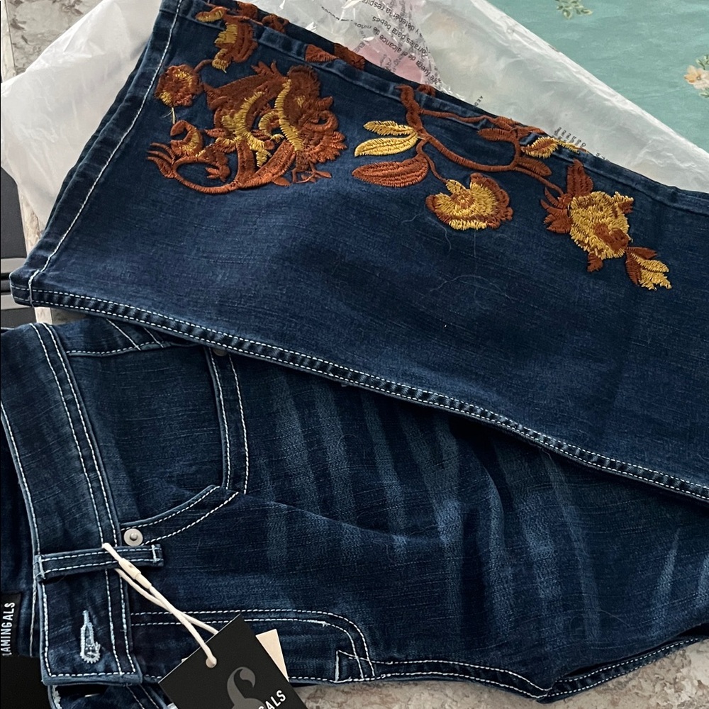 Embroidered Dark Blue Flare Jeans